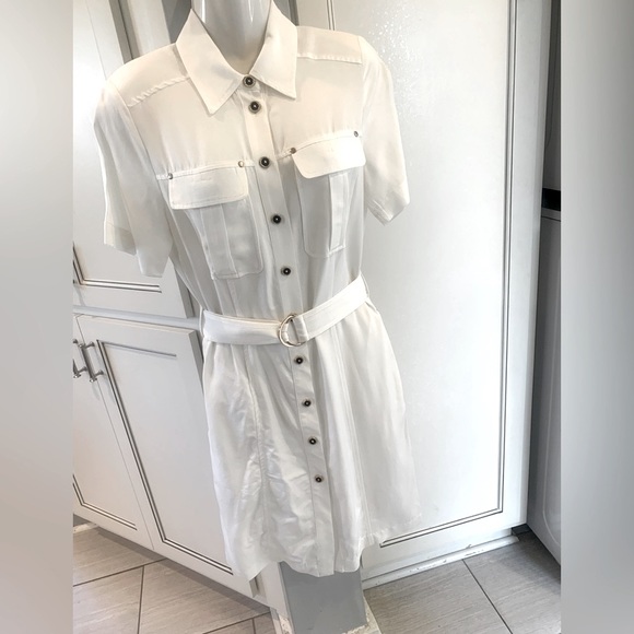 Women's 4 S Small Designer Karen Millen White belted Tailored Utility Dress - Picture 6 of 11